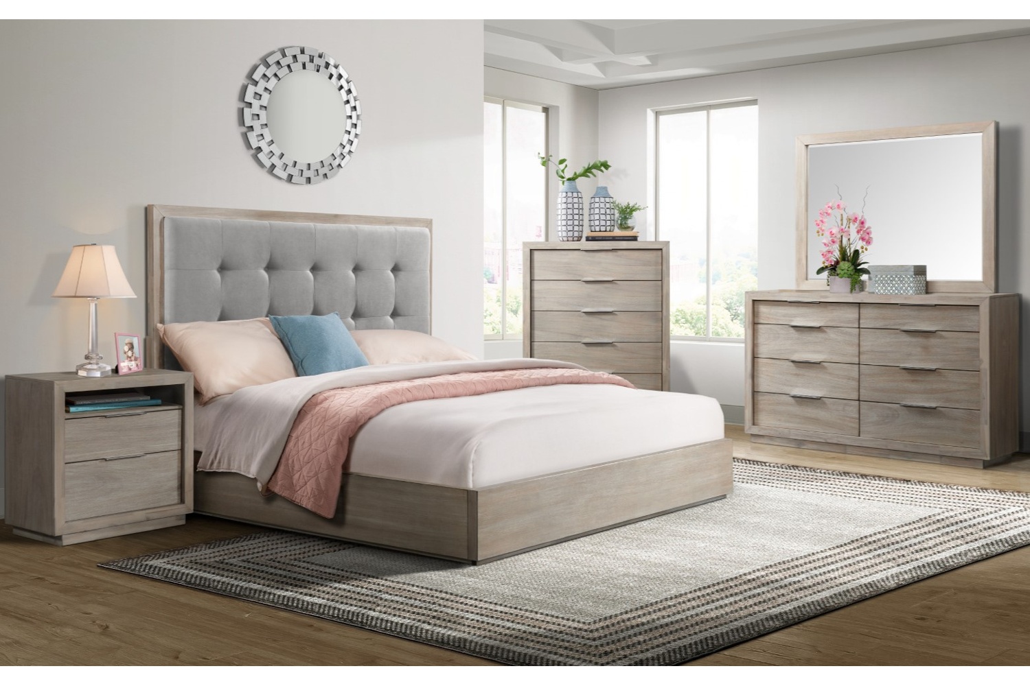 Arcadia Gray Upholstered King 4 Piece Bedroom Set