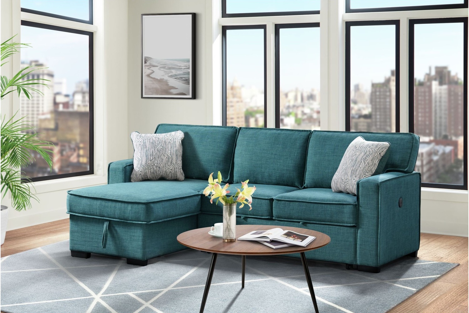 Caracas Teal Storage Sleeper Sectional