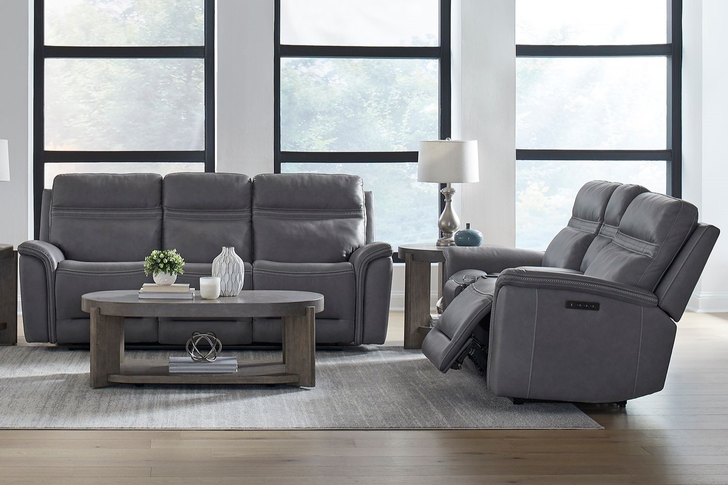 Cooper Gray Leather Power Reclining 2 Piece Sofa & Loveseat Set