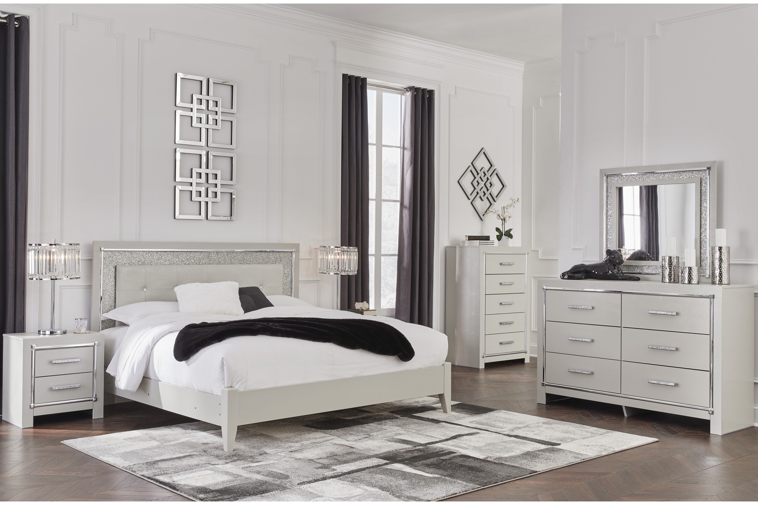 Zyniden Silver Upholstered LED King 5 Piece Bedroom Set