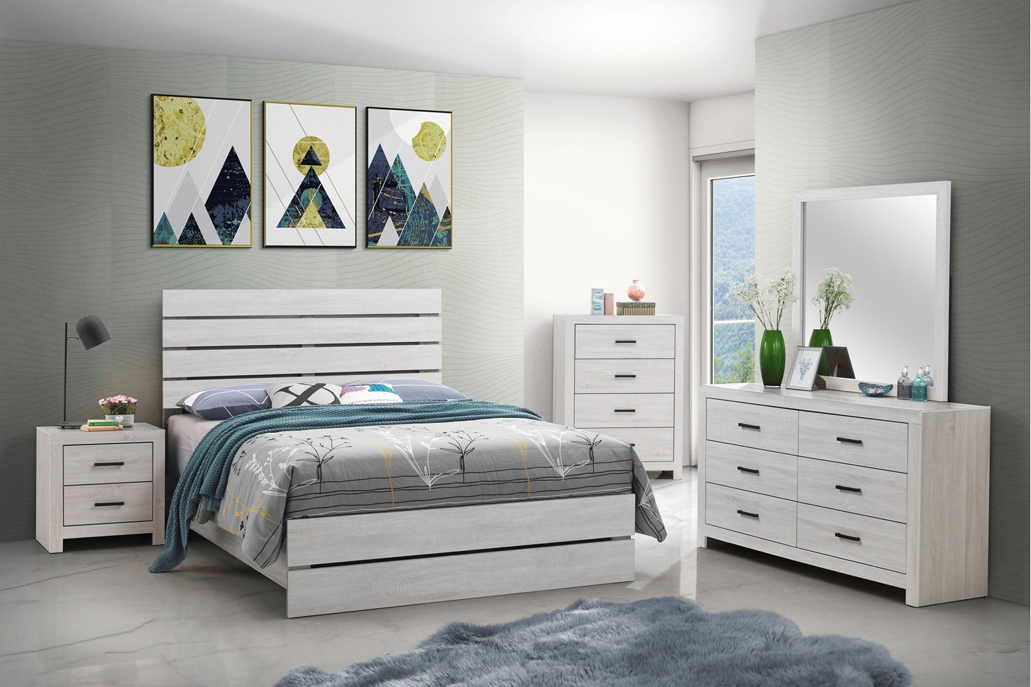 Brantford Coastal White Queen Panel 5 Piece Bedroom Set