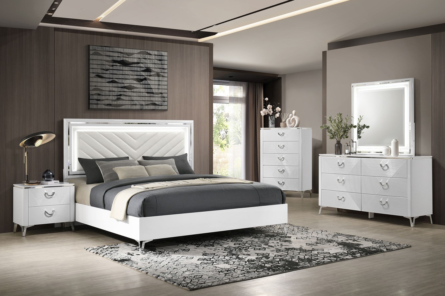Cassia White High Gloss King 5 Piece Bedroom Set With LED