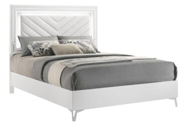 Cassia White High Gloss Queen Panel Bed With LED