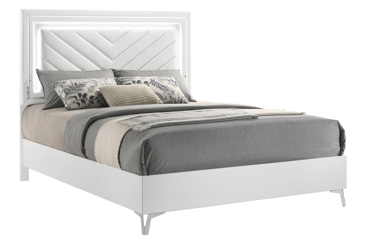 Cassia White High Gloss Queen Panel Bed With LED