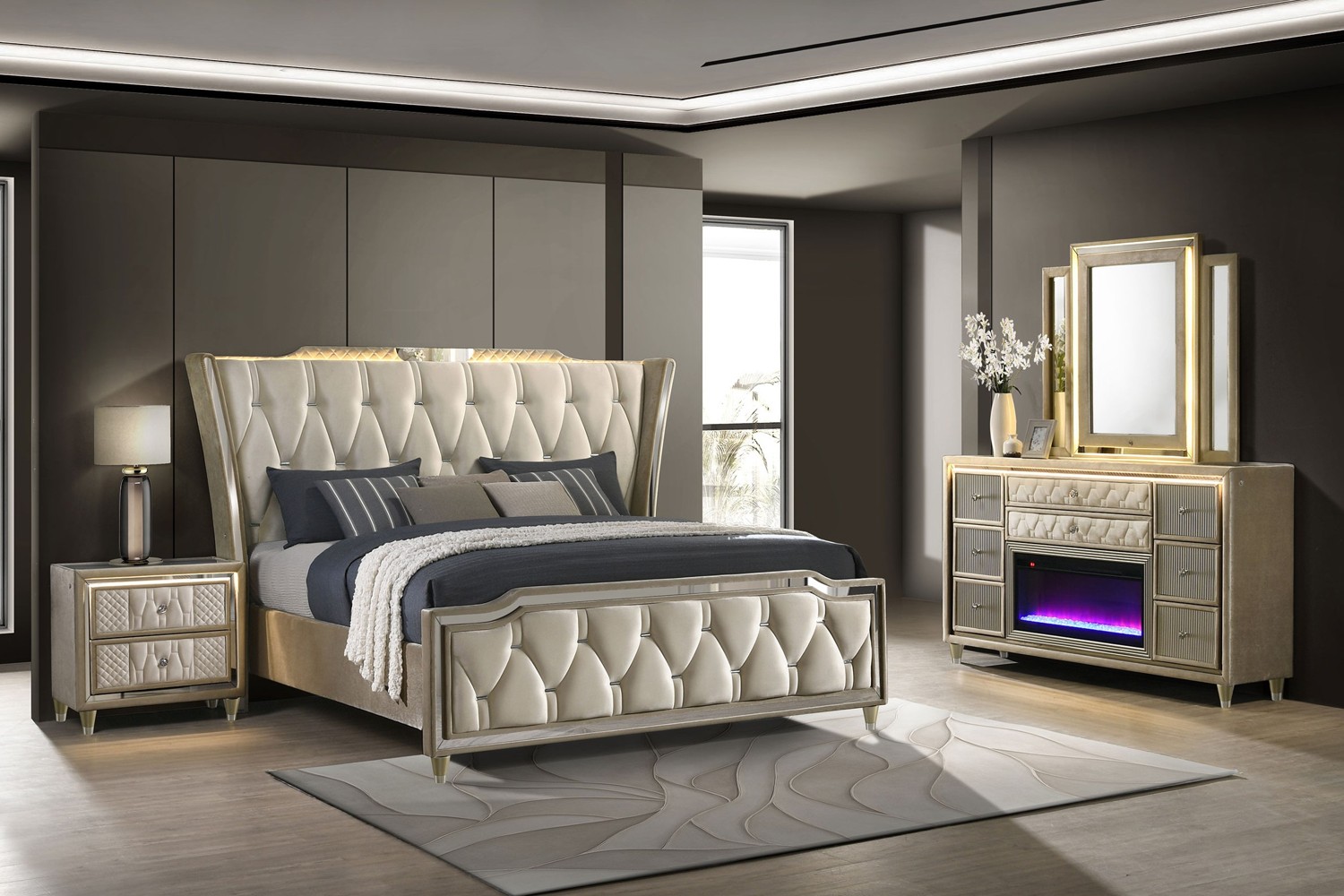 Lorient Ivory Camel King 4 Piece Bedroom Set With LED