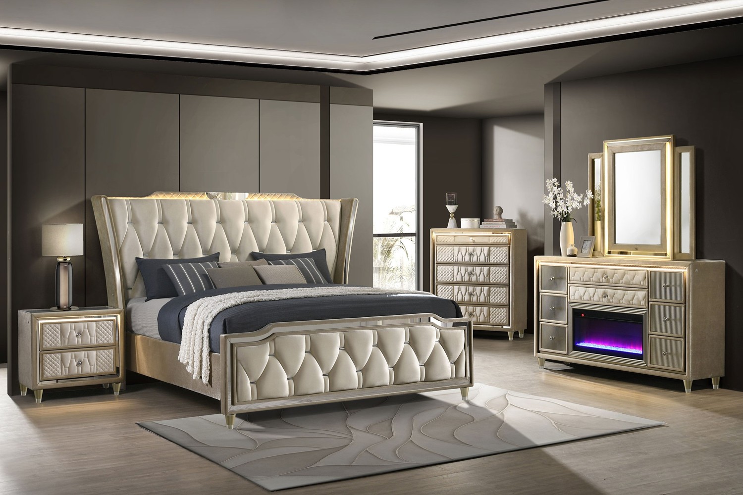 Lorient Ivory Camel King 5 Piece Bedroom Set With LED