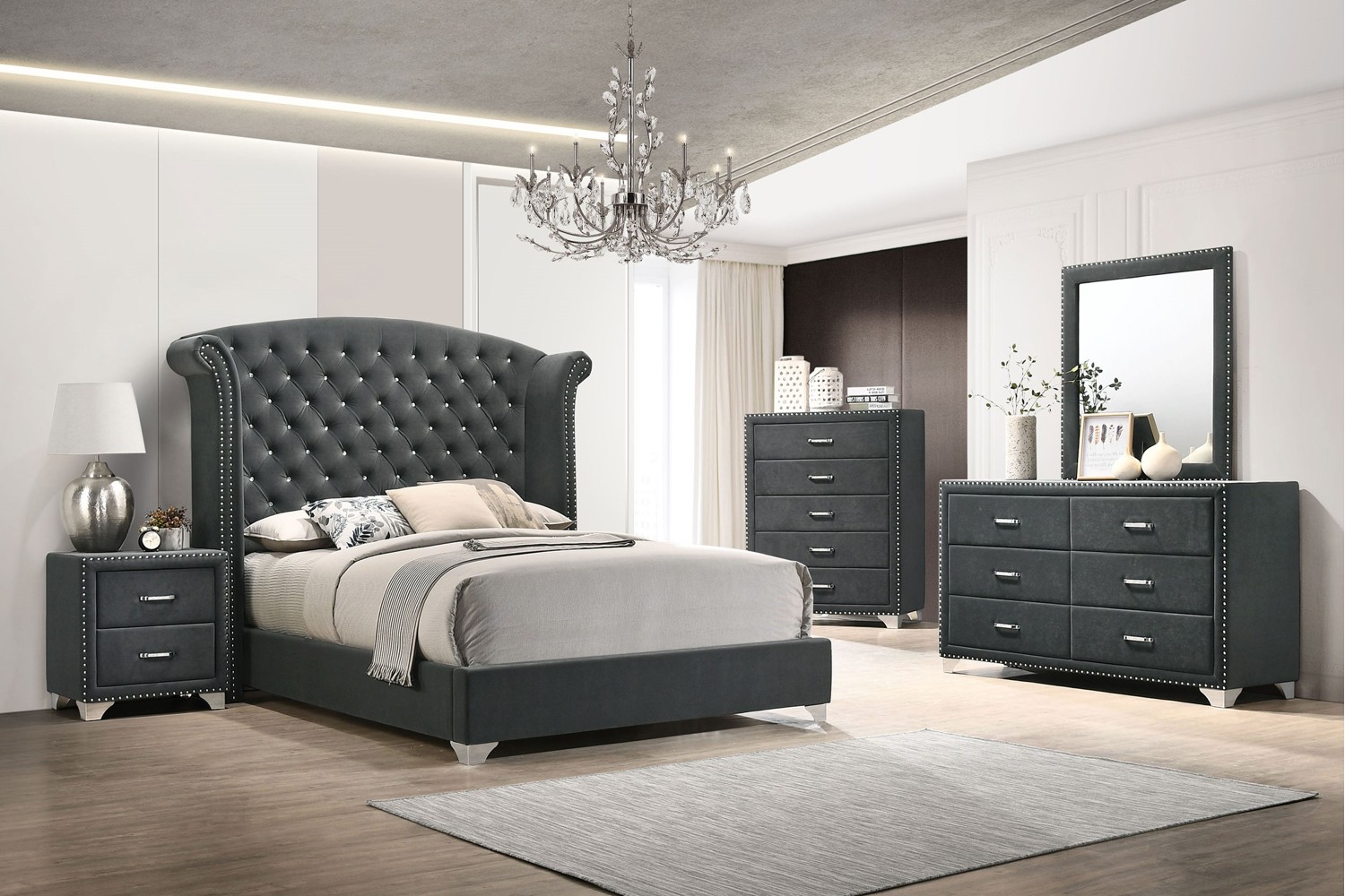 Melody Gray King Upholstered 5 Piece Bedroom Set