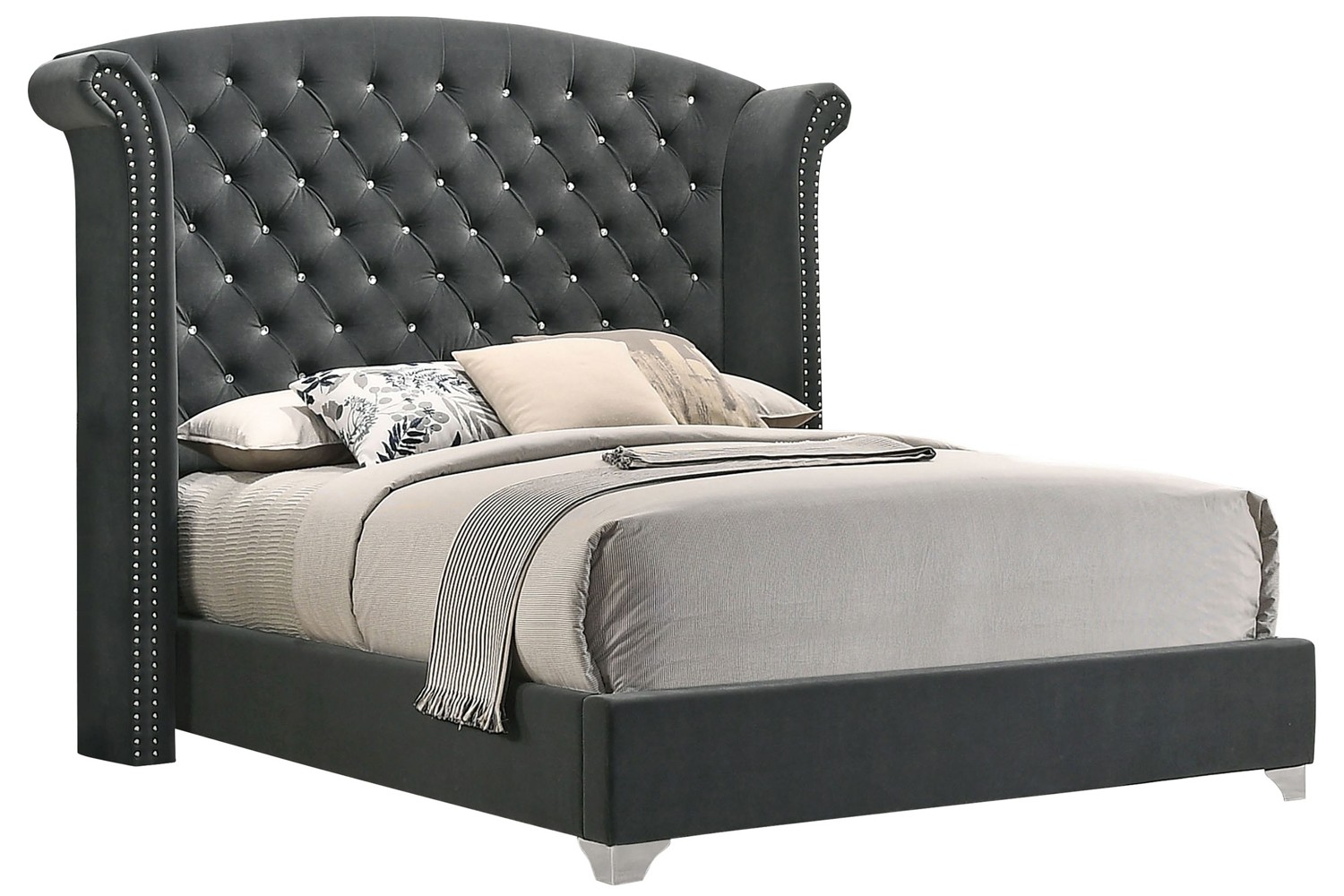 Melody Gray Queen Upholstered Wingback Bed