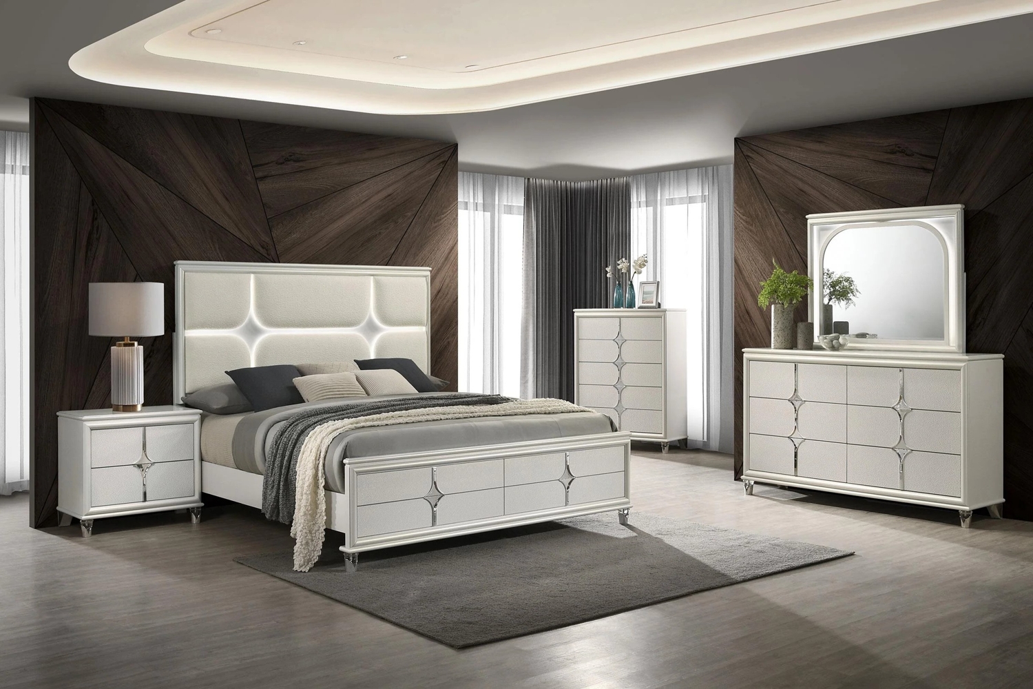 Olivia Pearl White LED King 5 Piece Bedroom Set