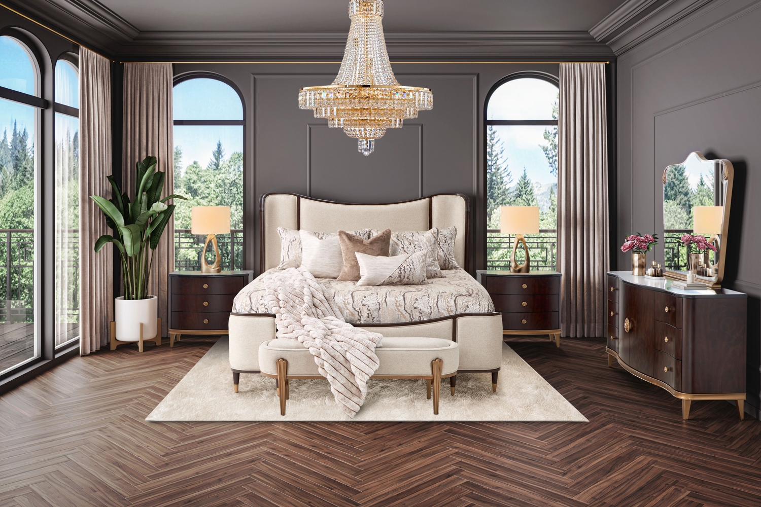 Camellia Field Warm Pecan 4 Piece King Bedroom Set By Michael Amini