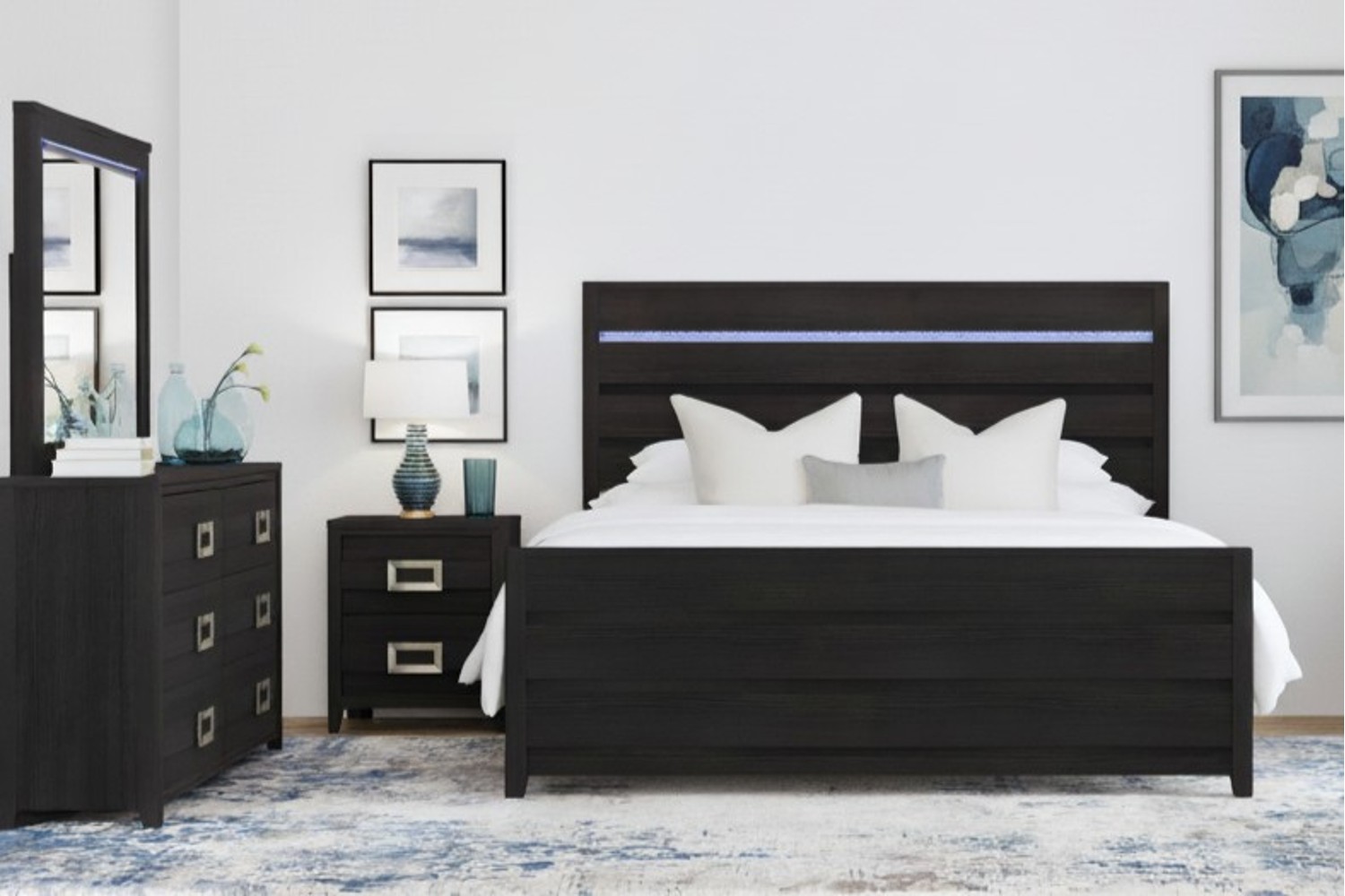 Tobias Black King Panel 4 Piece Bedroom Set With LED