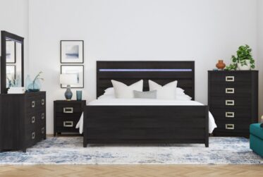 Tobias Black King Panel 5 Piece Bedroom Set With LED