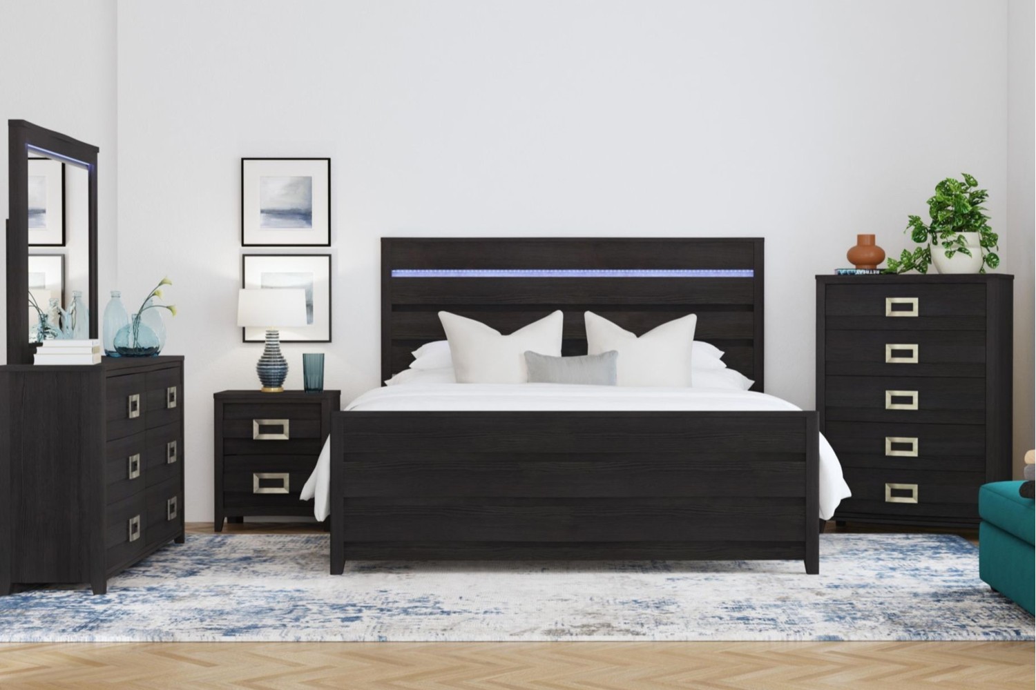 Tobias Black King Panel 5 Piece Bedroom Set With LED