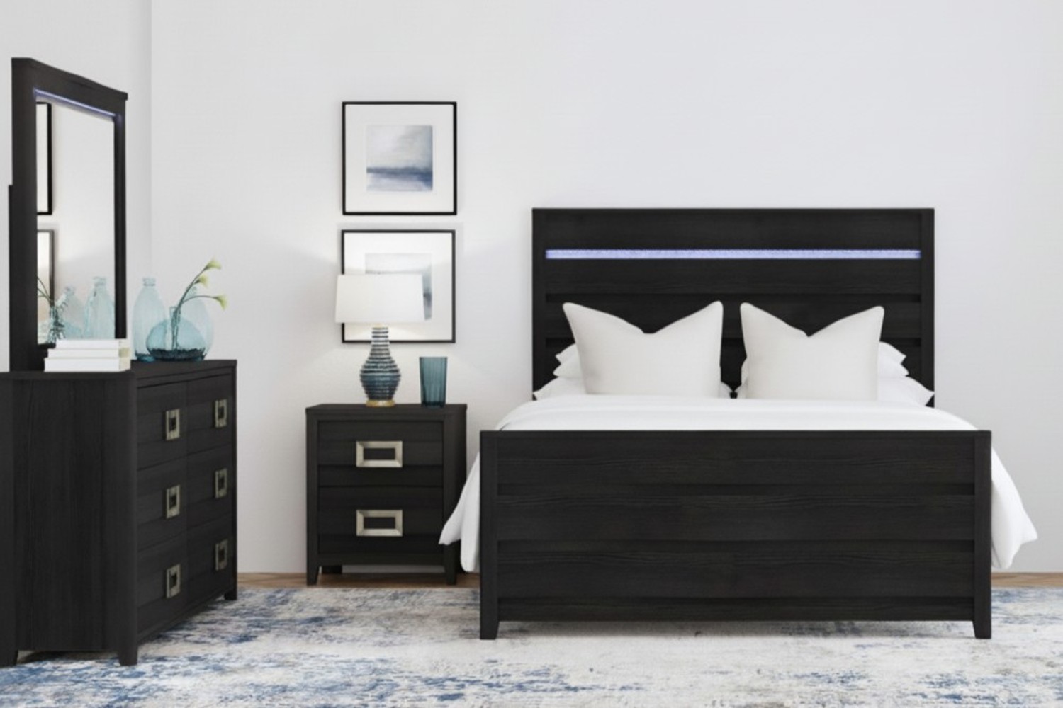 Tobias Black Queen Panel 4 Piece Bedroom Set With LED