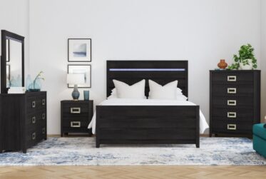 Tobias Black Queen Panel 5 Piece Bedroom Set With LED