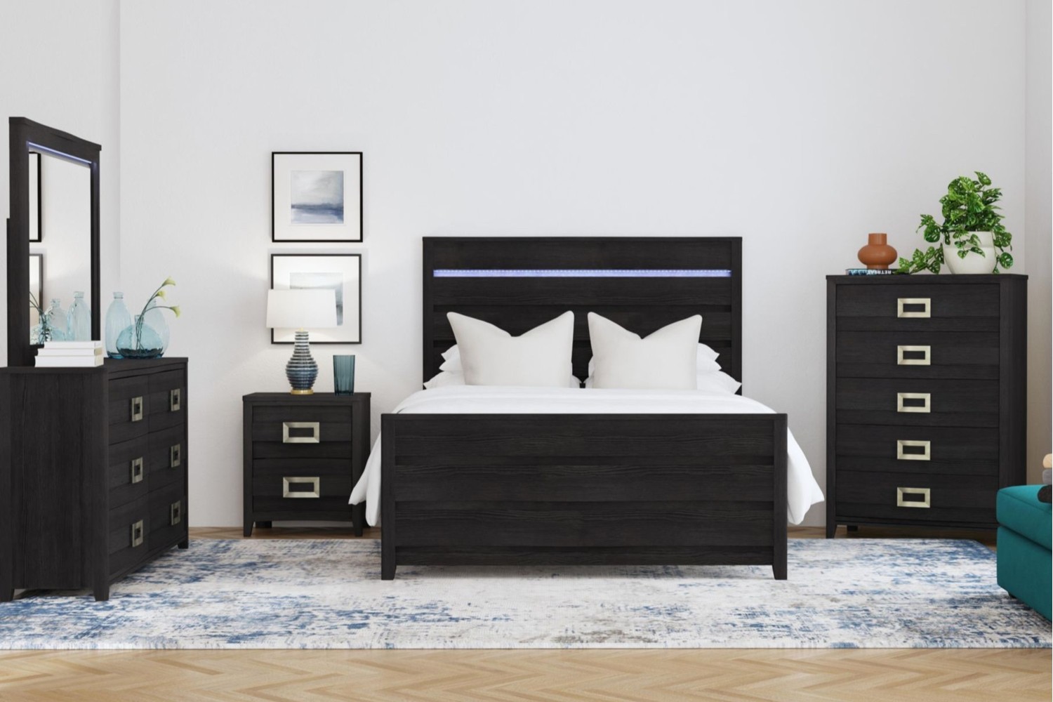 Tobias Black Queen Panel 5 Piece Bedroom Set With LED