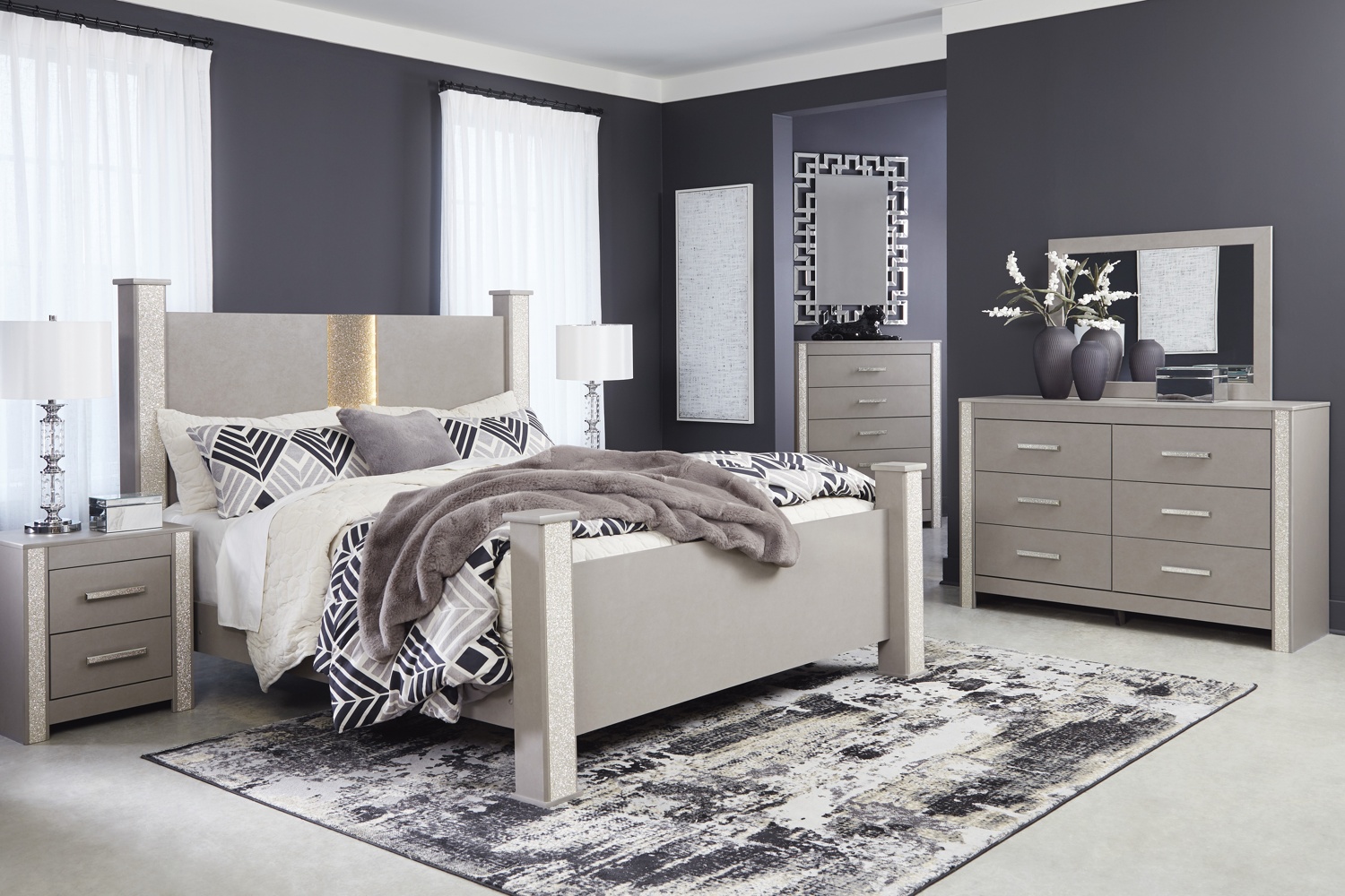 Surancha Gray King Poster LED 5 Piece Bedroom Set