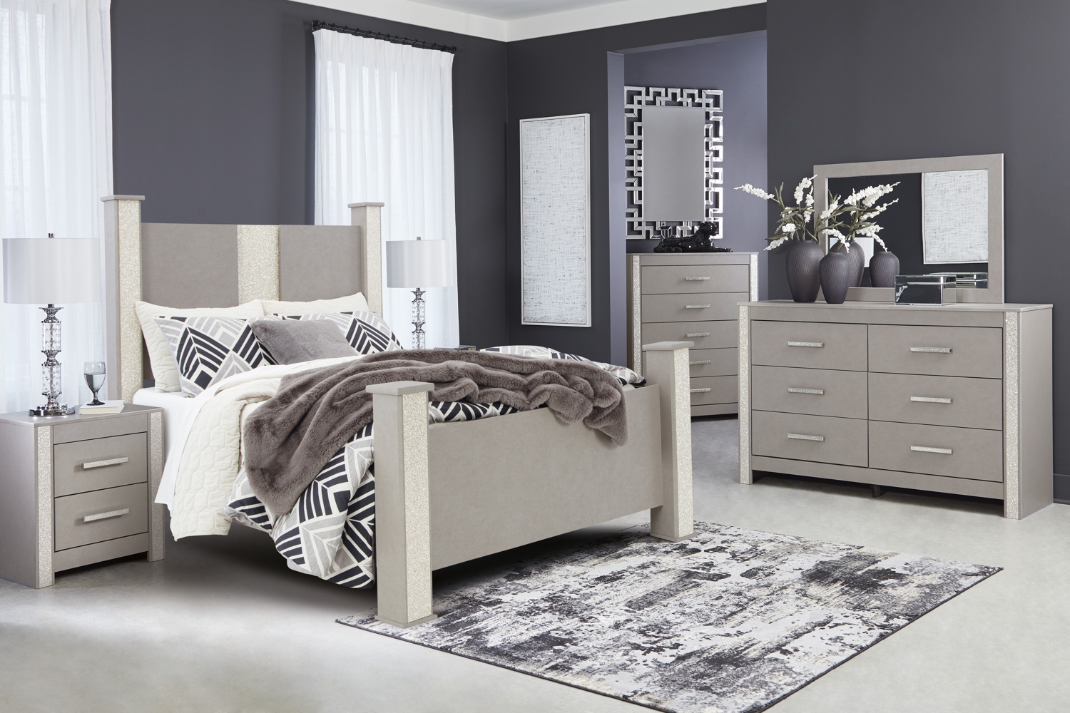 Surancha Gray Queen Poster LED 4 Piece Bedroom Set