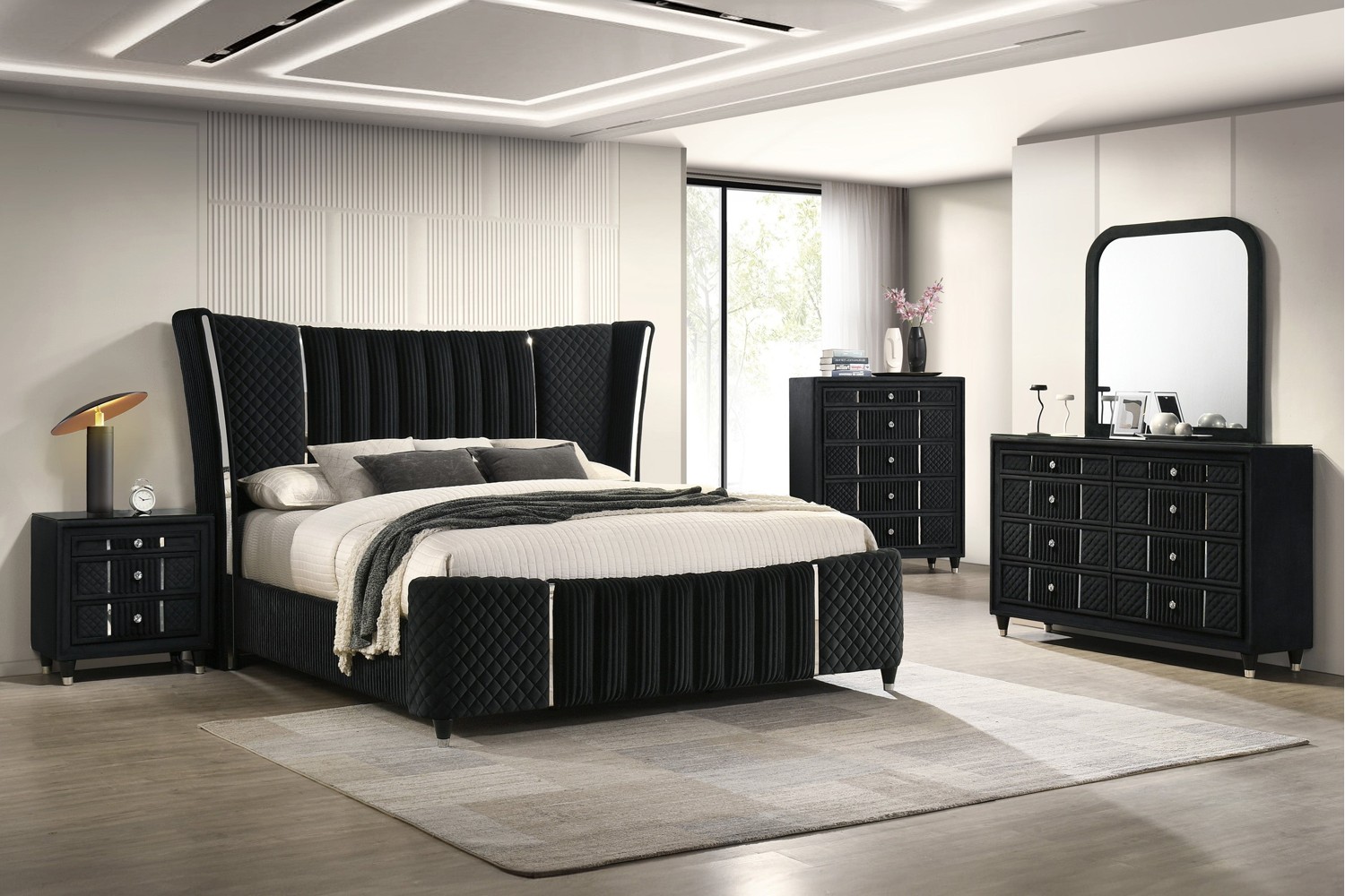 Armany Black Queen Upholstered 5 Piece Bedroom Set