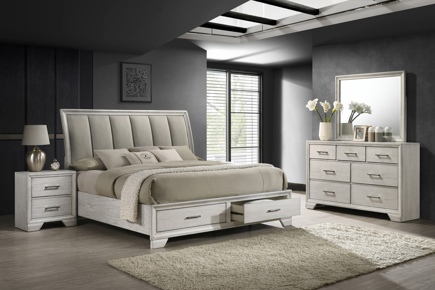 Jaymes White Mist Queen Sleigh Storage 4 Piece Bedroom Set