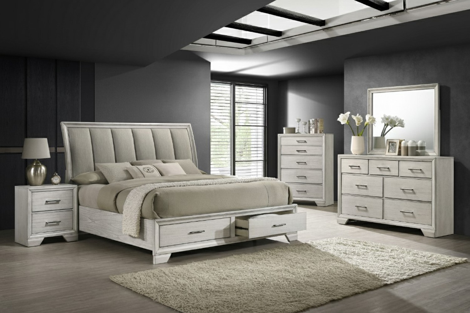 Jaymes White Mist Queen Sleigh Storage 5 Piece Bedroom Set