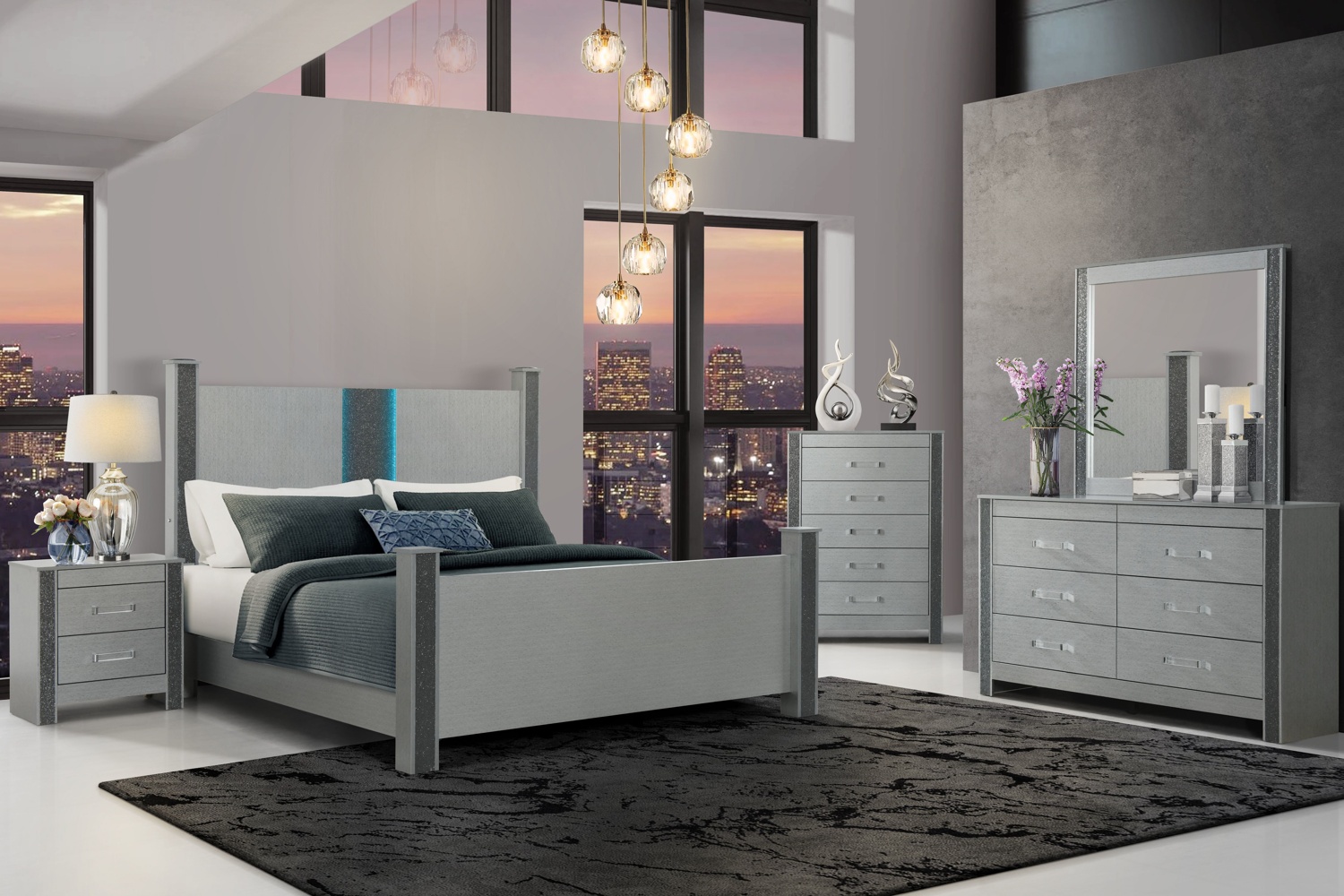 Logan Silver Queen 5 Piece Bedroom Set With LED And Speakers