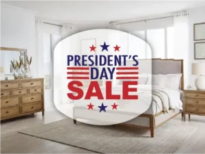 President's Day Sale at Georgia Furniture Mart with an elegant upholstered bed, wooden nightstands, and a modern bedroom design.