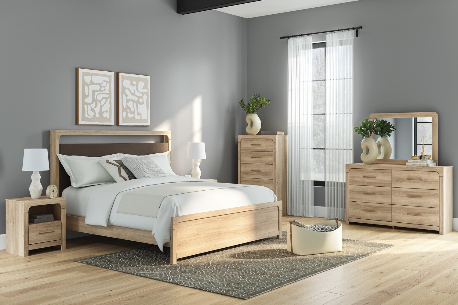 Kinlanni Tan King Upholstered Panel 5 Piece Bedroom Set