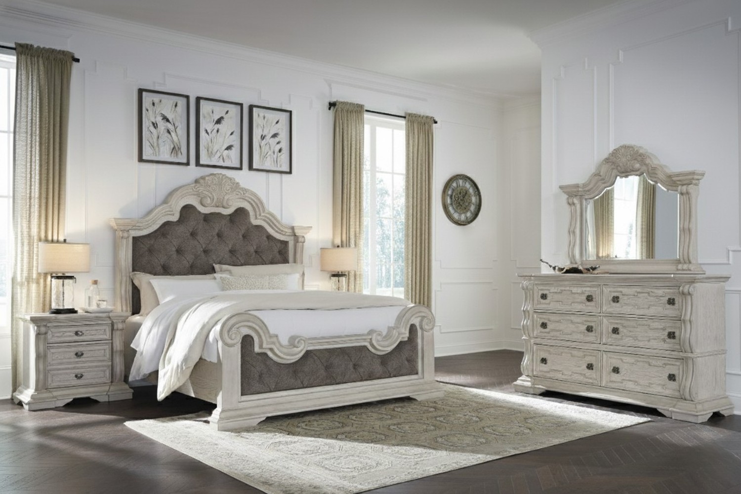 Bruchandi Antique White King Upholstered 4 Piece Bedroom Set