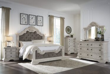 Bruchandi Antique White Queen Upholstered 5 Piece Bedroom Set