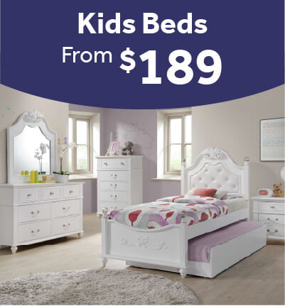 Alana youth bedroom set featuring a white twin bed, dresser, and nightstand in a cozy children's room.