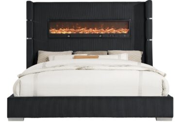 Vadra Black Queen Upholstered Bed With Fireplace Display