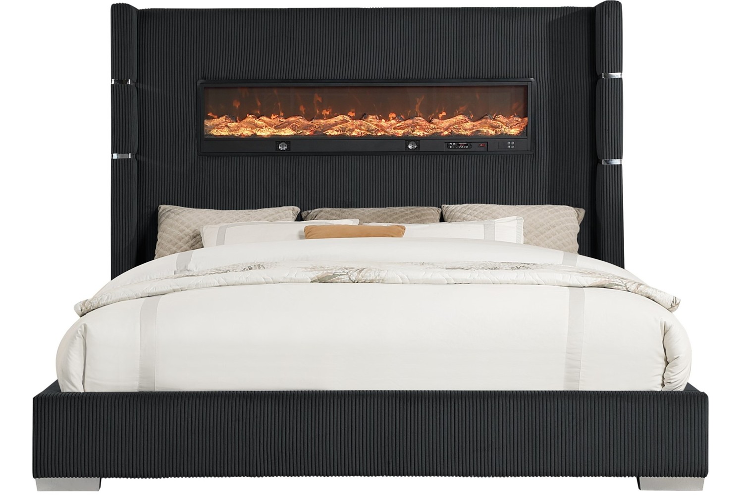 Vadra Black King Upholstered Bed With Fireplace Display