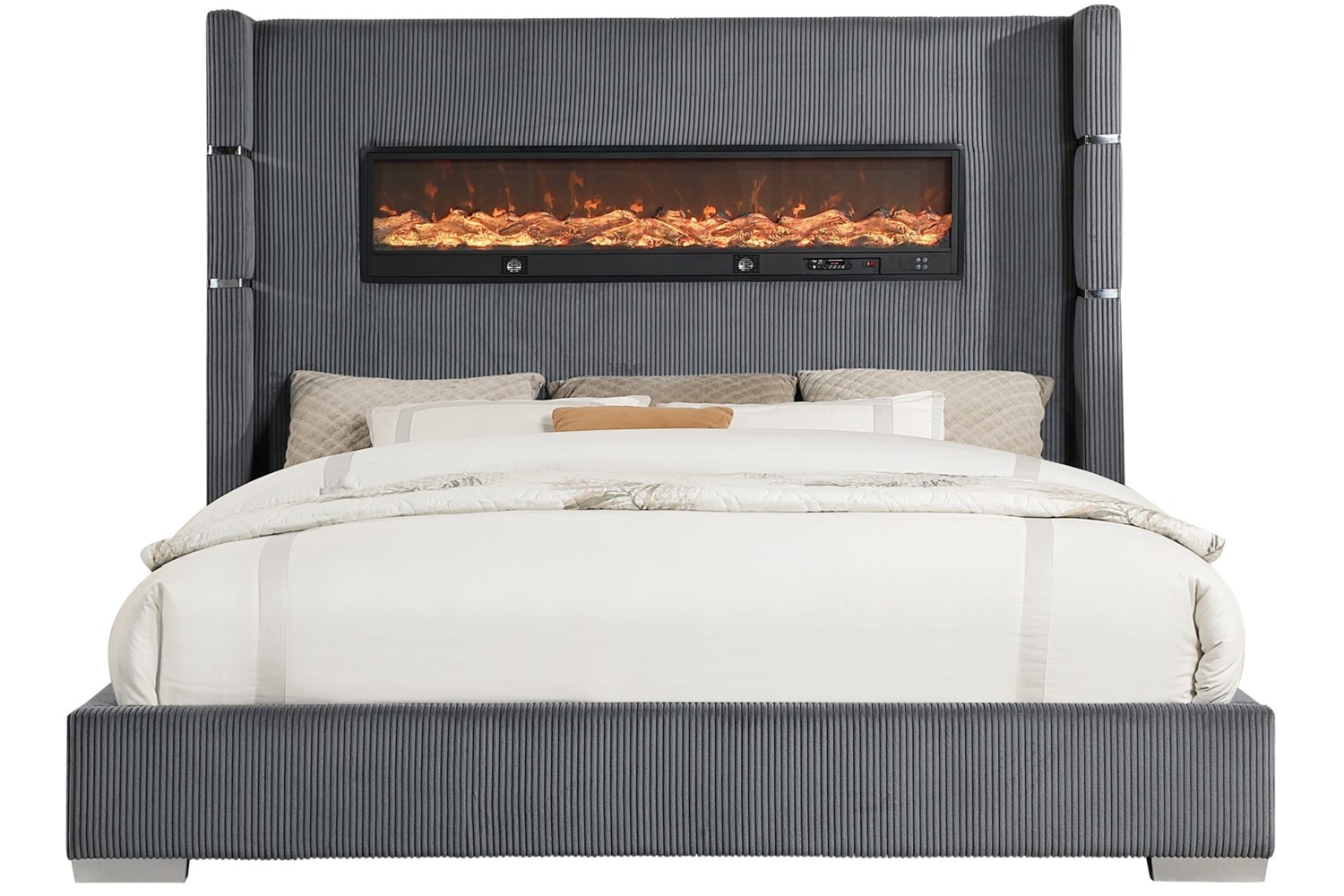 Vadra Gray Queen Upholstered Bed With Fireplace Display