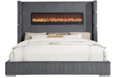 Vadra Gray King Upholstered Bed With Fireplace Display