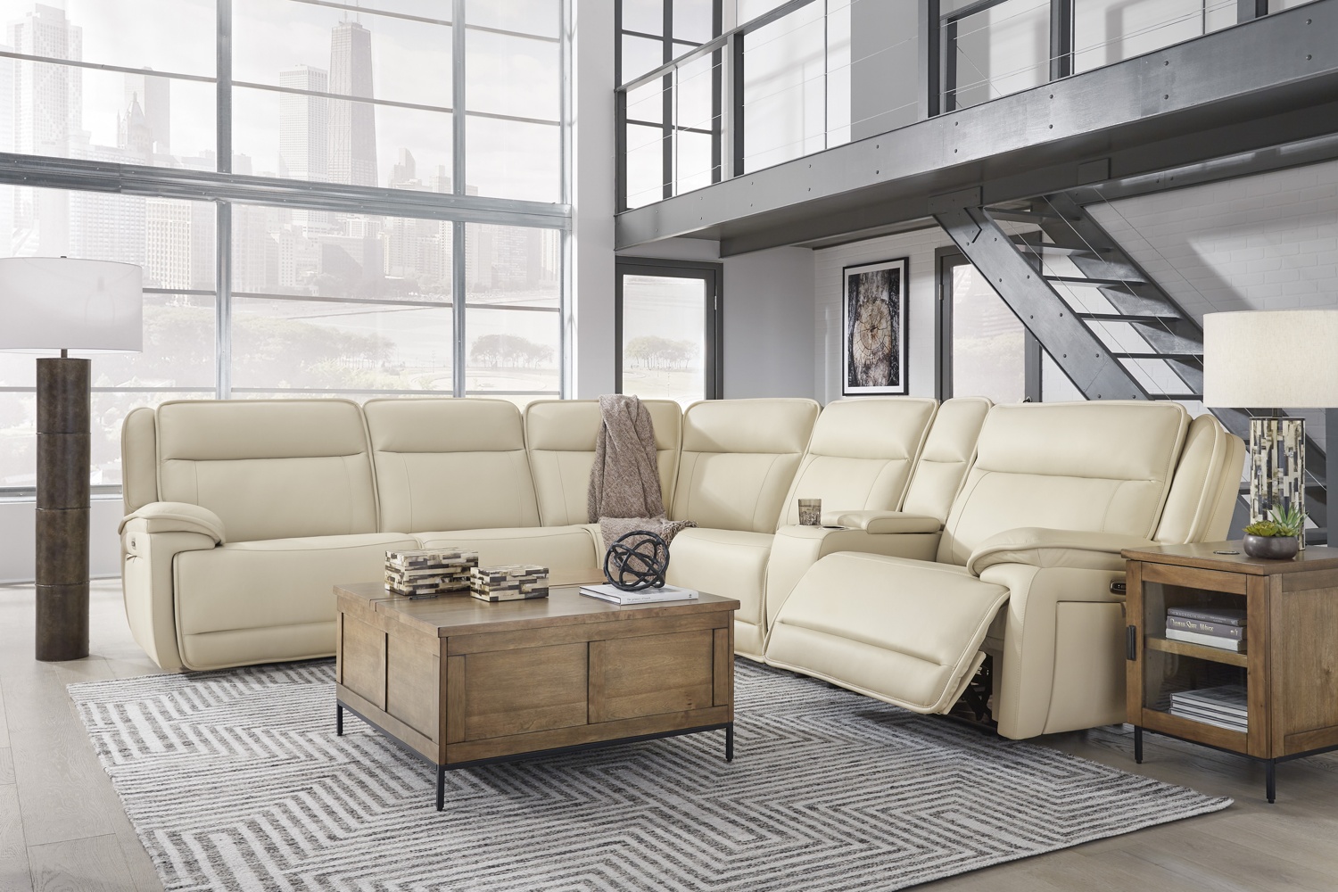 Double Deal Almond Leather 6-Piece Power Reclining Sectional