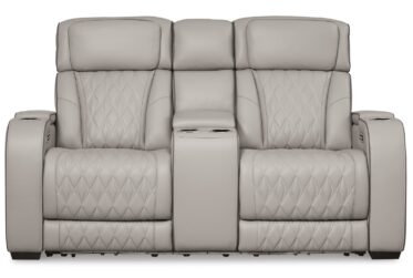 Boyington Gray Leather Power Reclining Loveseat With Console