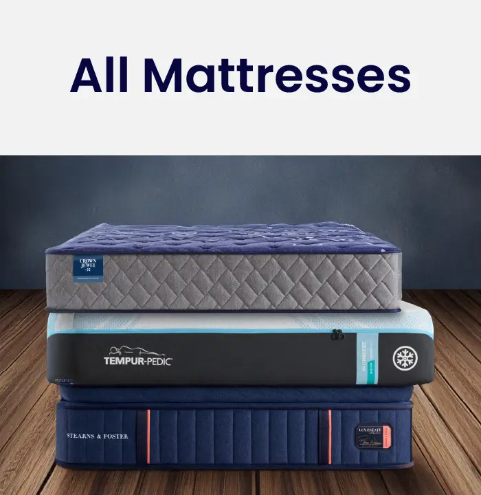 Stack of top mattress brands including Tempur-Pedic, Stearns & Foster, and Sealy.