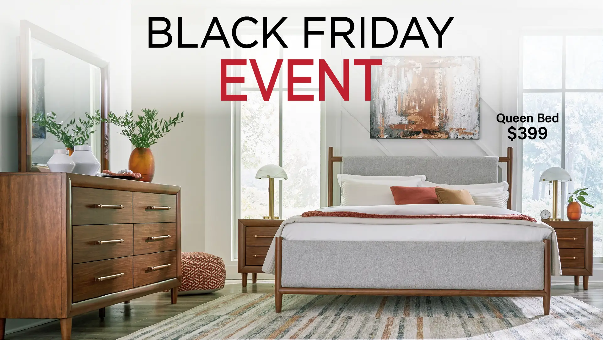 Lyncott bedroom furniture set with mid-century modern design featuring a wooden dresser and upholstered bed, showcased during Georgia Furniture Mart’s Black Friday Sale