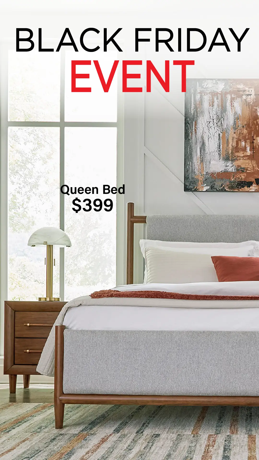 Lyncott bedroom furniture set with mid-century modern design featuring a wooden dresser and upholstered bed, showcased during Georgia Furniture Mart’s Black Friday Sale